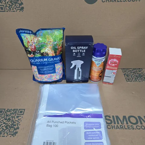 BOX OF APPROXIMATELY 20 ASSORTED HOUSEHOLD ITEMS TO INCLUDE AQUARIUM GRAVEL, PLASTIC WALLETS AND OIL SPRAY BOTTLE