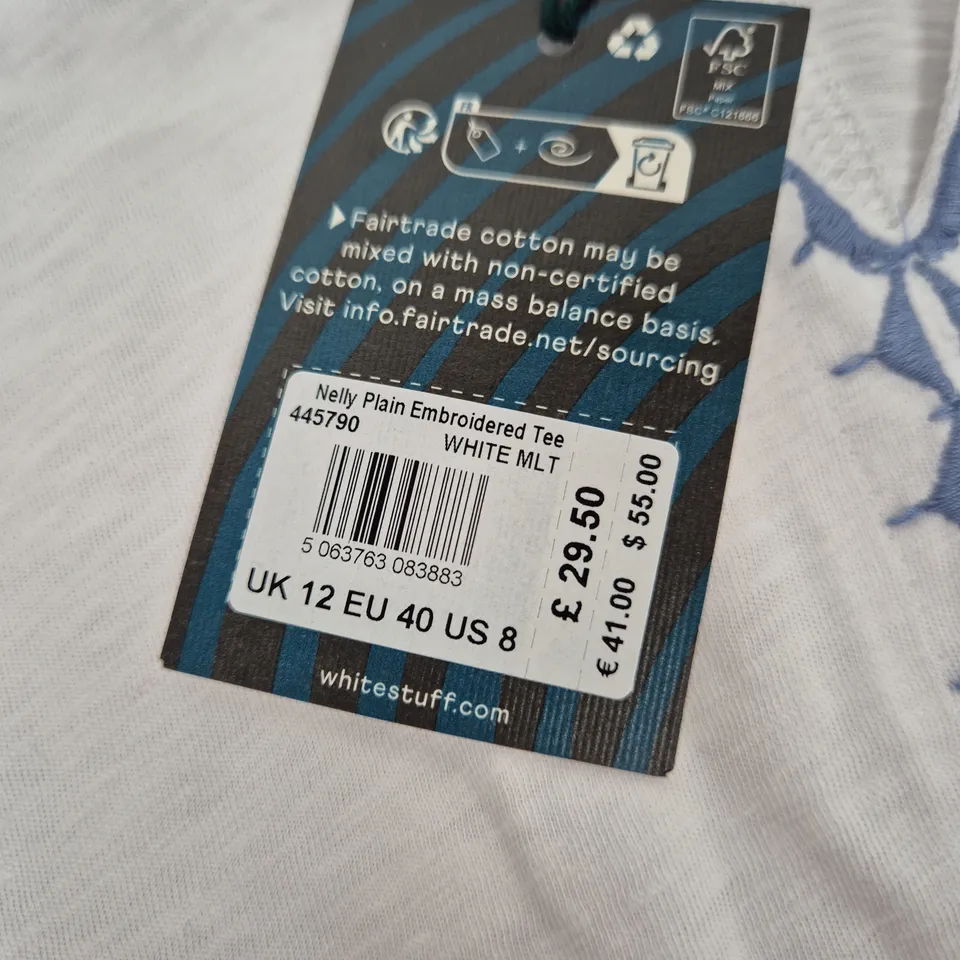 white stuff - UK 12 - White Embroidered Tee with Blue Trim