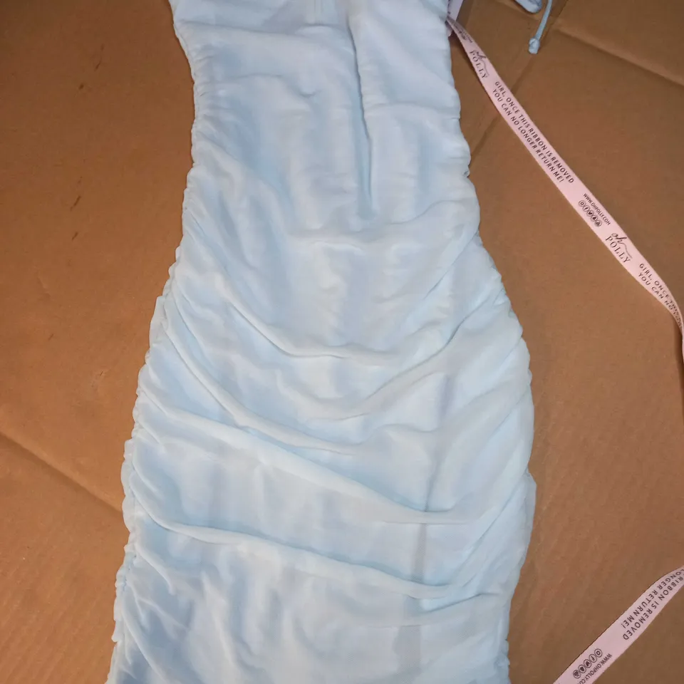 OH POLLY SKY BLUE RUCHED BODYCON MINI DRESS - SIZE 6