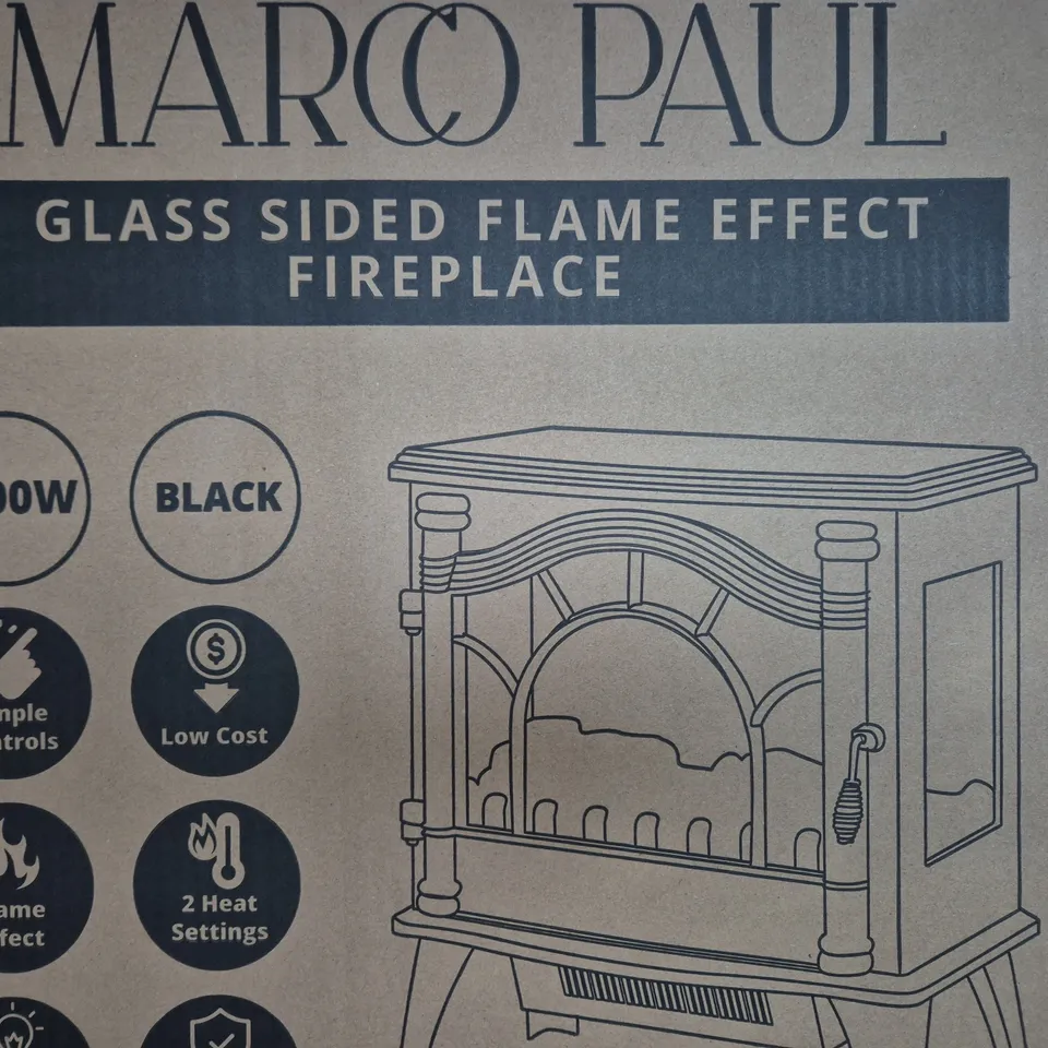 BOXED MARCO PAUL GLASS SIDED FLAME EFFECT FIREPLACE - COLLECTION ONLY