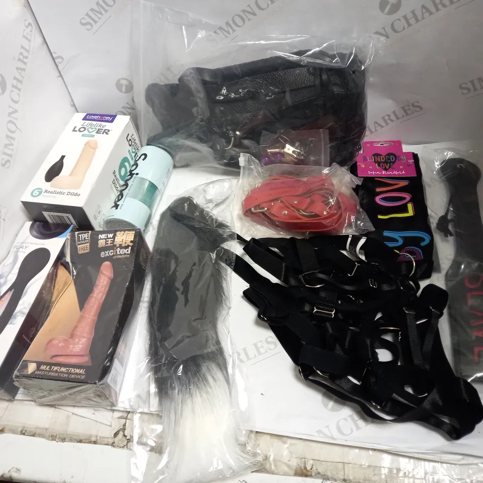 LOT OF APPROX 10 ASSORTED ADULT ITEMS TO INCLUDE BONDAGE GEAR, DILDOS, VIBRATORS ETC
