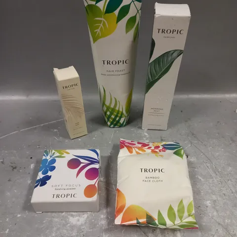 TROPIC SKINCARE LOT OF 5 PRODUCTS TO INCLUDE - MORNING MIST TONING ESSENCE - HAIR FEAST CONDITIONING TREATMENT - SUN DAY UV DEFENSE - ETC