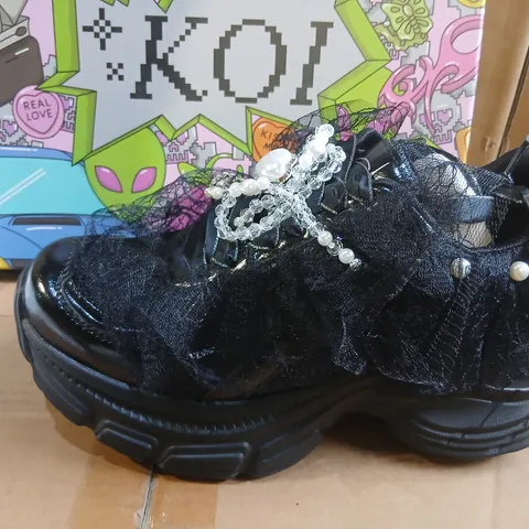 KOI BLACK PLATFORM SHOES FOR GIRLS – TULLE OVERLAY, PEARL EMBELLISHMENTS, UK SIZE 6 (BOXED)