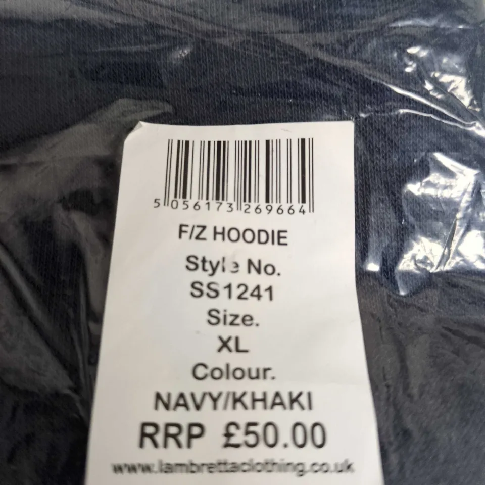 LAMBRETTA F/Z HOODIE – NAVY/KHAKI – XL. BAGGED
