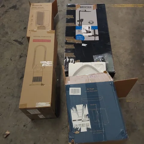 PALLET TO CONTAIN ASSORTED HOUSEHOLD PRODUCTS. INCLUDES HEATERS, OIL FILLED RADIATOR, AIR FRYER, SHOWER SET, BOXED FURNITURE ETC 