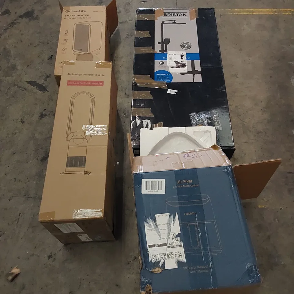 PALLET TO CONTAIN ASSORTED HOUSEHOLD PRODUCTS. INCLUDES HEATERS, OIL FILLED RADIATOR, AIR FRYER, SHOWER SET, BOXED FURNITURE ETC 