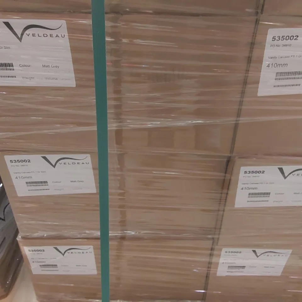 PALLET CONTAINING A LARGE QUANTITY OF ASSORTED BATHROOM FURNITURE PARTS INCLUDING: VELDEAU VANITY CARCASSES ECT