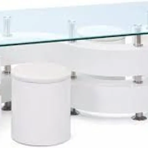 BOXED SAPHIRA GLASS TOP COFFEE TABLE WITH GLOSS BASE AND STOOLS (3 BOXES)