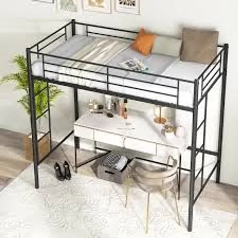 BOXED METAL SPACE SAVING LOFT BED FRAME WITH FULL LENGTH SAFETY GUARDRAIL BLACK
