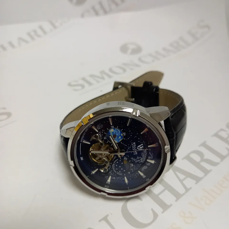 MENS WILLIAM JOURDAIN AUTOMATIC 2580 WATCH – OPEN HEART MOVEMENT WITH SUB DIALS – GLASS EXHIBITION BACK CASE – BLACK GENUINE LEATHER STRAP