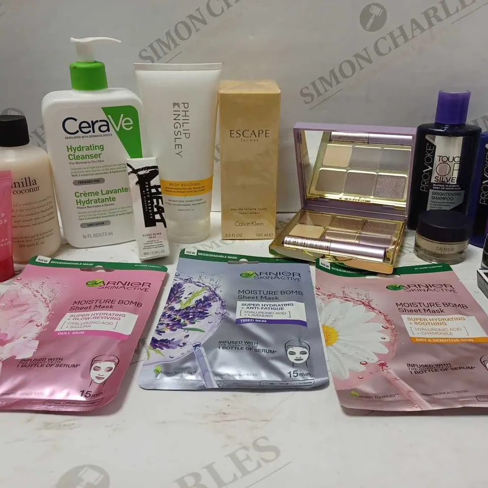LOT OF APPROX 10 ASSORTED BEAUTY PRODUCTS TO INCLUDE ESCAPE FOR MEN EAU DE TOILETTE, TARTE EYESHADOW PALETTE, PROVOKE SHAMPOO, ETC 