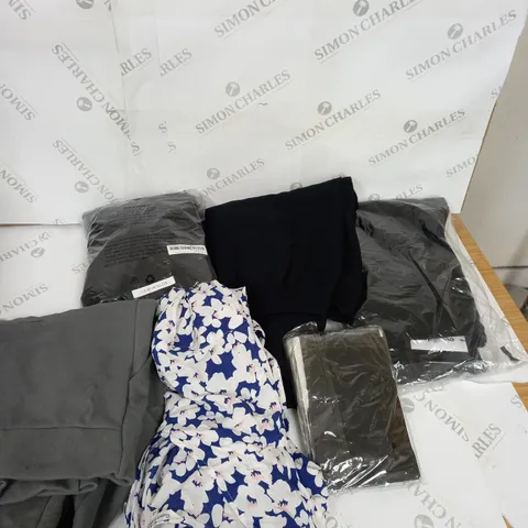LARGE BOX OF ASSORTED CLOTHING ITEMS IN VARIOUS COLOURS AND SIZES INCLUDING TROUSERS , TOPS AND JUMPERS