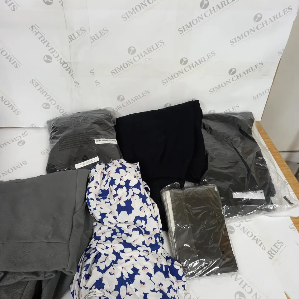 LARGE BOX OF ASSORTED CLOTHING ITEMS IN VARIOUS COLOURS AND SIZES INCLUDING TROUSERS , TOPS AND JUMPERS 