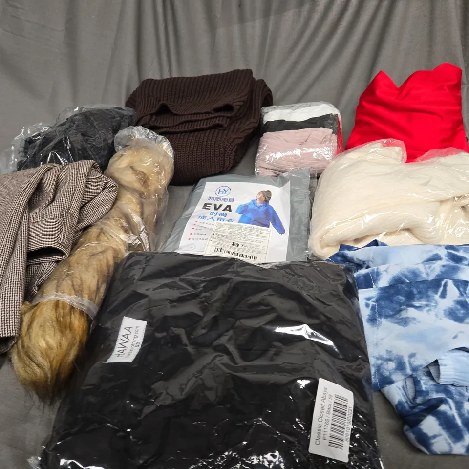 BOX OF ASSORTED CLOTHING ITEMS IN VARIOUS COLOURS, STYLE AND SIZES 