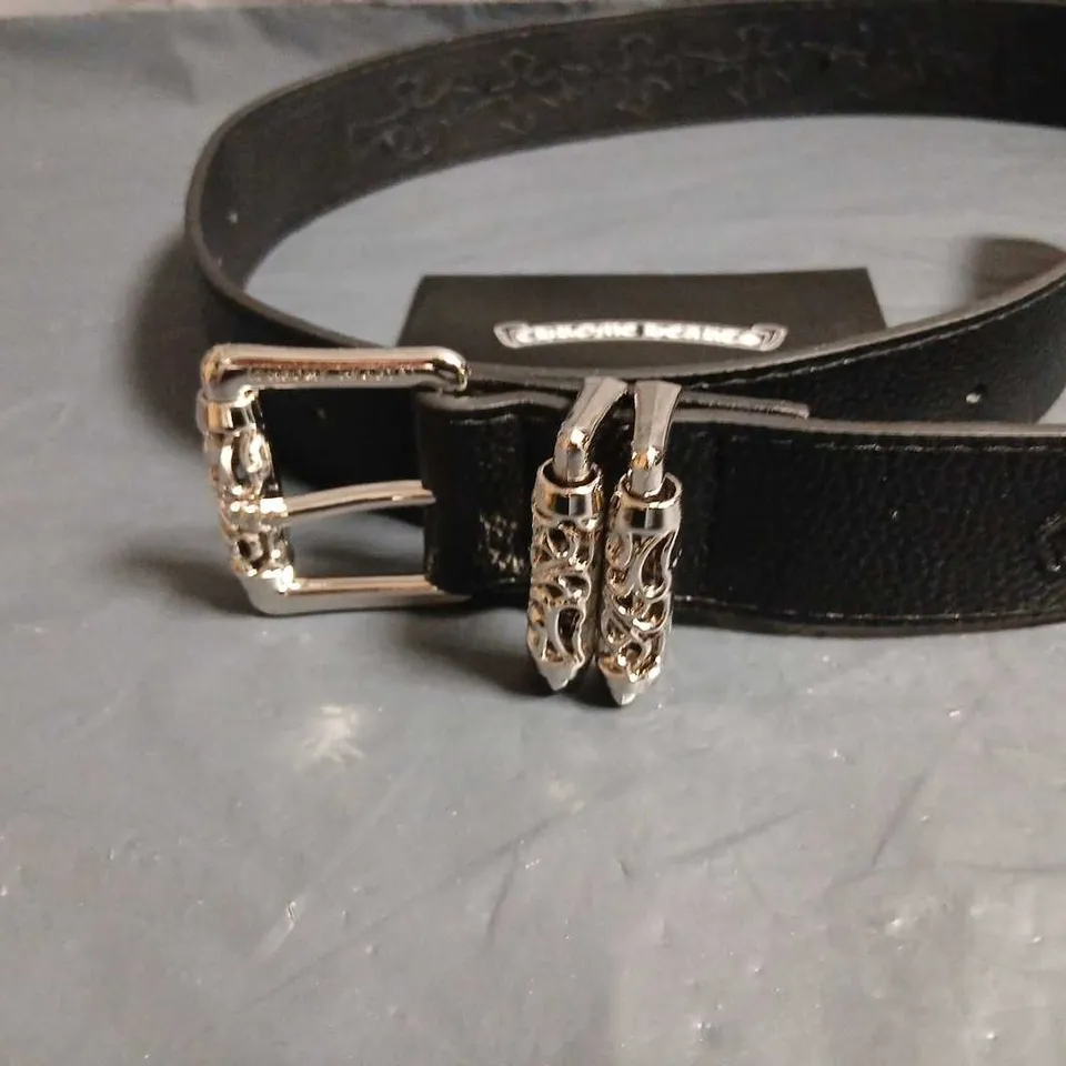 CHROME HEARTS LEATHER BELT WITH ORNATE SILVER BUCKLE – BLACK