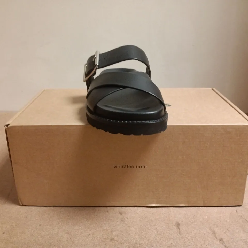 BOXED PAIR OF WHISTLES OPEN TOE SANDALS IN BLACK SIZE EU 38