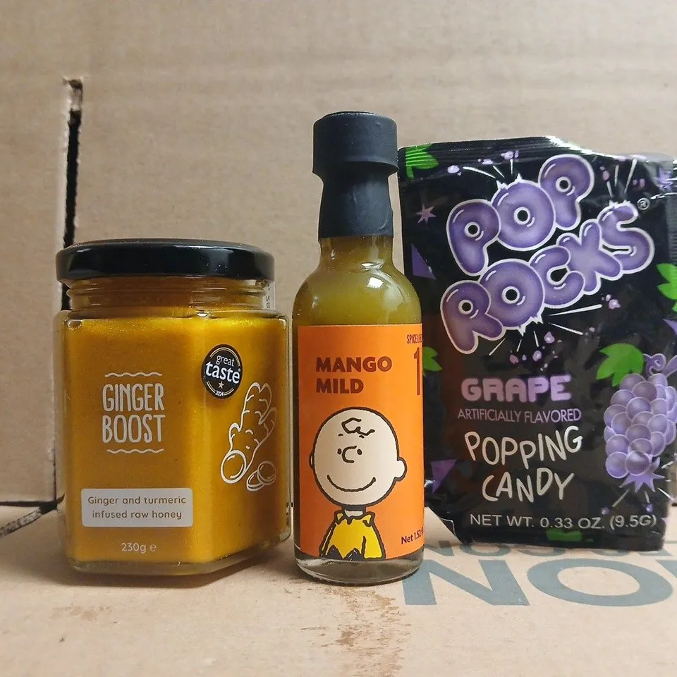 APPROXIMATELY 10 ASSORTED FOOD AND DRINK ITEMS TO INCLUDE POP ROCKS, GINGER BOOST, ETC