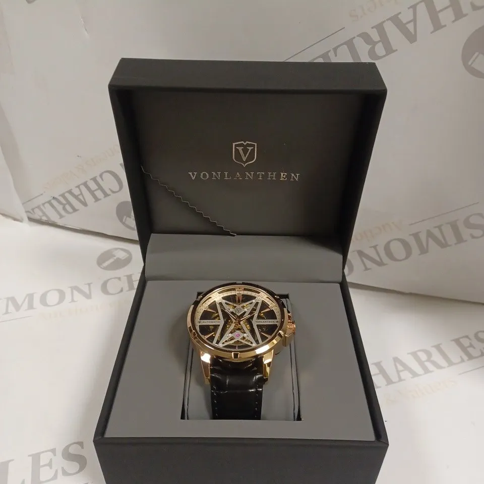 MENS VONLANTHEN AUTOMATIC SKELETON WATCH – V110 - GLASS EXHIBITION BACKCASE – BLACK LEATHER STRAP
