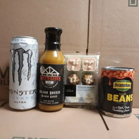 APPROXIMATELY 10 ASSORTED FOOD AND DRINK ITEMS TO INCLUDE BAKED BEANS, MANGO SAUCE, ETC