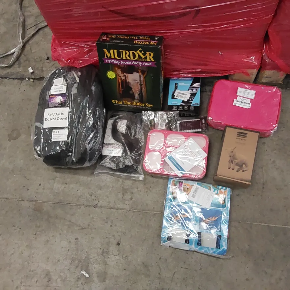 PALLET OF ASSORTED ITEMS INCLUDING: BOARDGAMES, HALLOWEEN COSTUME, COSTUME WIG, FAKE EYELASHES, HIKING SOCKS, BENTO BOX, LUNCH BOX, LED HEADLIGHT, POOL INFLATABLE 