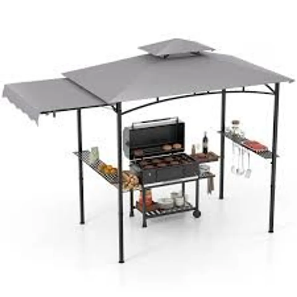 BOXED COSTWAY 10.5 X 5 FT OUTDOOR DOUBLE-TIER GRILL GAZEBO W/ SIDE AWNING & 2 SIDE METAL SHELF (1 BOX)