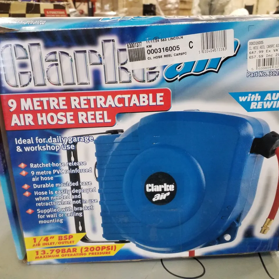 BOXED CLARKE CAR9PC 9M RETRACTABLE AIR HOSE REEL