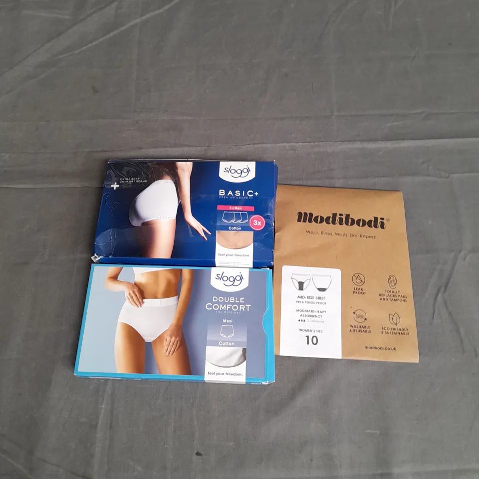 LOT OF 3 ASSORTED WOMENS UNDERWEAR TO INCLUDE SLOGGI BASIC AND MODIBODI MID-RISE BRIEFS