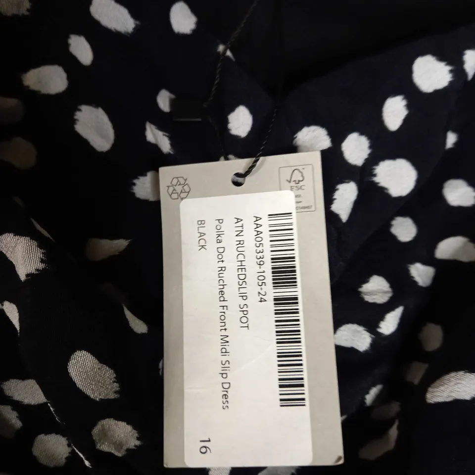 OASIS BLACK POLKA DOT RUCHED FRONT MIDI SLIP DRESS - SIZE 10