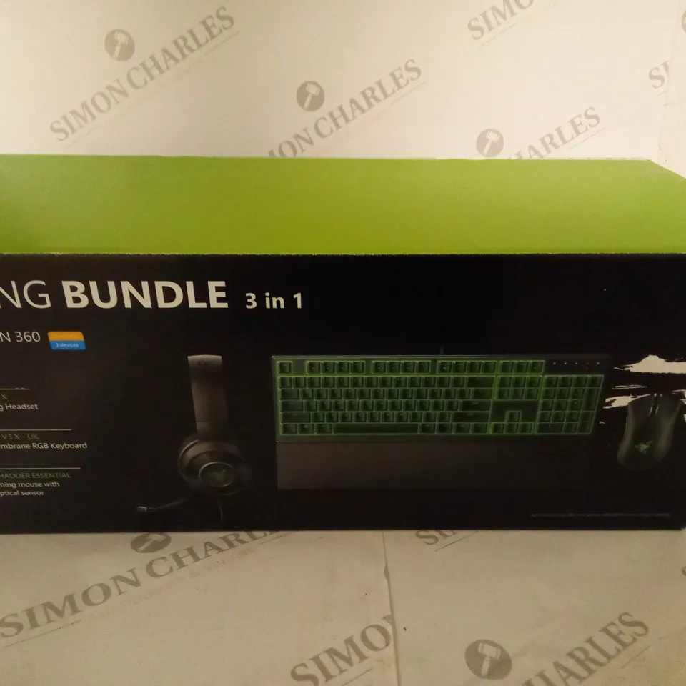 BRAND NEW BOXED RAZER GAMING BUNDLE 3 IN 1 TO INCLUDE USB GAMING HEADSET, MEMBRANE RGB KEYBOARD AND ESSENTIAL GAMING MOUSE