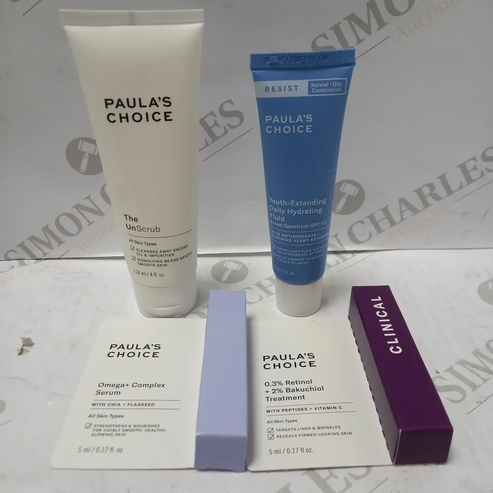 LOT OF 4 ASSORTED PAULA'S CHOICE PRODUCTS TO INCLUDE THE UNSCRUB 188ML, OMEGA+ COMPLEX SERUM 5ML, YOUTH-EXTENDING DAILY HYDRATING FLUID 60ML, ETC 