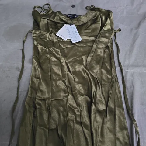 NOBODY'S CHILD PETITE OLIVE GREEN SATIN DRESS – UK 10 (EU 38, US 6)