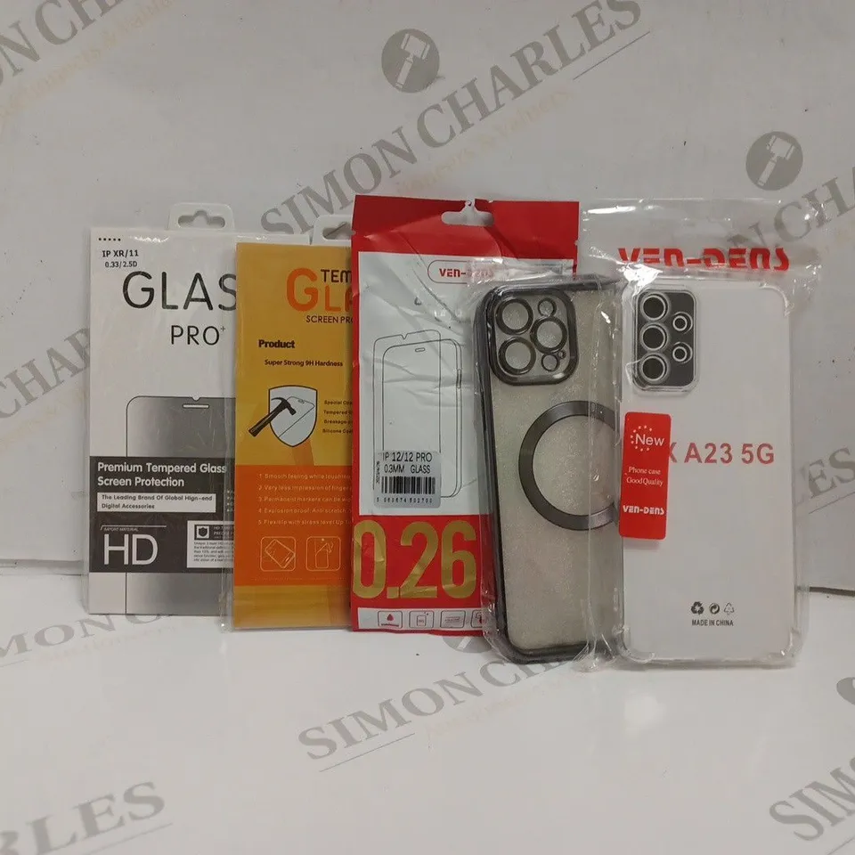 BOX OF APPROX 20 ASSORTED PHONE CASES AND SCREEN PROTECTORS IN VARIOUS DESIGNS AND SIZES. 