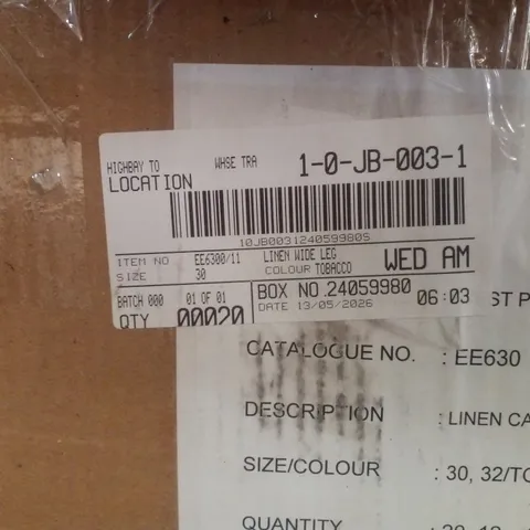 BOX CONTAINING APPROXIMATELY 20X BRAND NEW JD WILLIAM'S LINEN WIDE LEG - COLOUR TOBACCO - SIZE 30