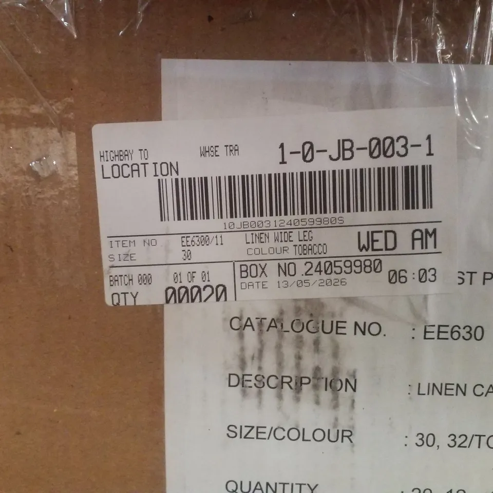 BOX CONTAINING APPROXIMATELY 20X BRAND NEW JD WILLIAM'S LINEN WIDE LEG - COLOUR TOBACCO - SIZE 30
