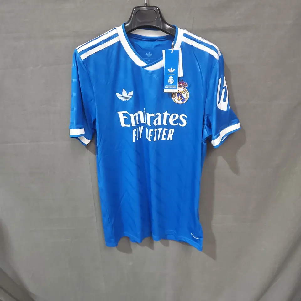 REAL MADRID ADIDAS FOOTBALL SHIRT – BLUE, EMIRATES FLY BETTER SPONSOR, UK M