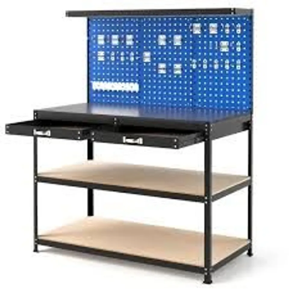 BOXED PROTECT MULTIPURPOSE GARAGE WORKBENCH WITH 3 PIECE PEGBOARD AND DRAWER – NAVY/BLACK