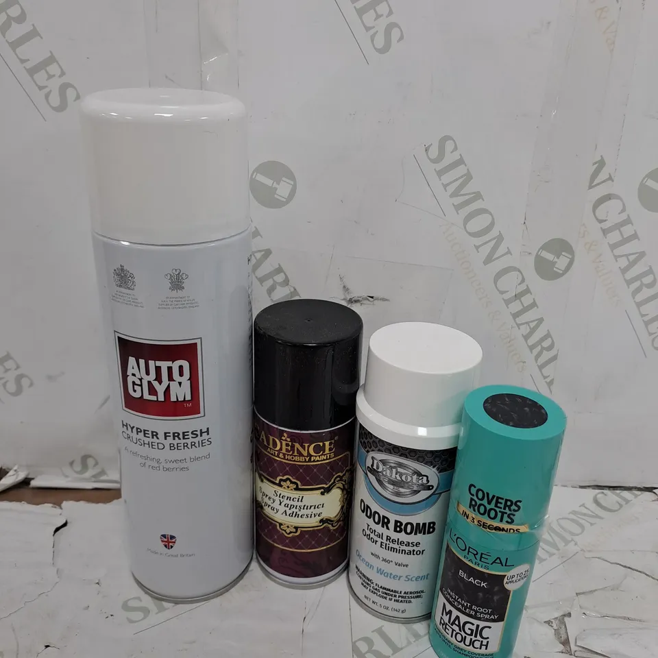ASSORTED AEROSOLS TO INCLUDE HYPER FRESH HOBBY PAINTS , ODOR BOMB  ,  ETC - COLLECTION ONLY 