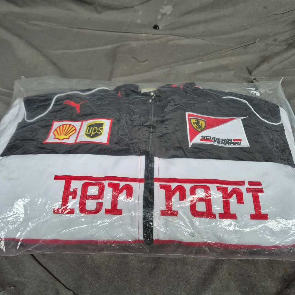 FERRARI-BRANDED ZIP-UP JACKET WITH SHELL & UPS PATCHES – MEN'S CLOTHING SIZE M
