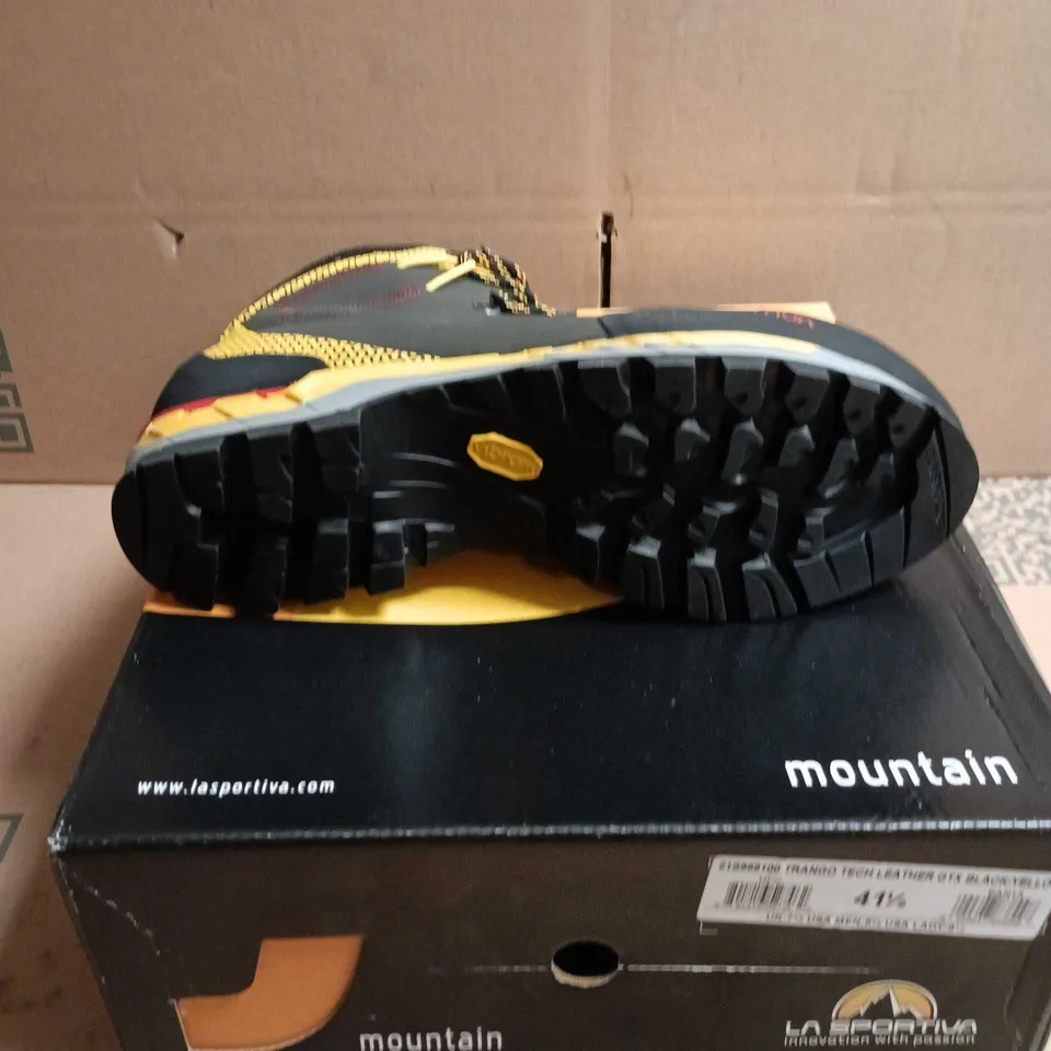 BOXED PAIR OF LA SPORTIVA TRANGO TECH LEATHER GTX HIKING BOOTS – BLACK/YELLOW - 7.5