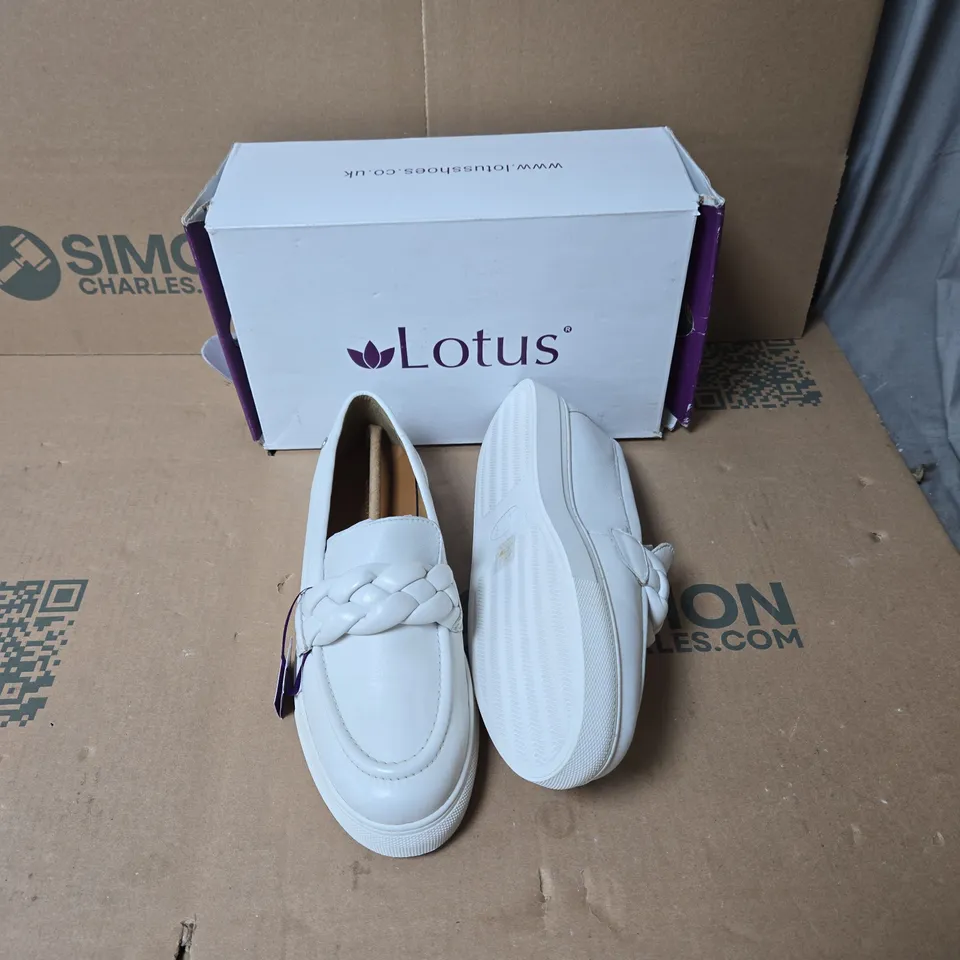 LOTUS WHITE LEATHER SLIP-ON SHOES WITH BRAIDED STRAP – UK SIZE 8