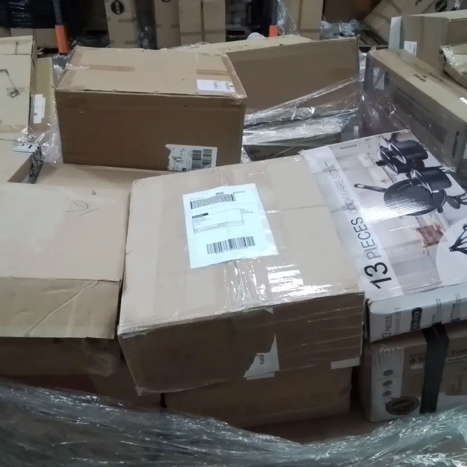 PALLET CONTAINING VARIOUS ASSORTED BOXED ITEMS TO INCLUDE. GARDEN TRIMMERS, COOKWARE SET, 4 SLICE TOASTER AND LOTS MORE UNMARKED BOXED ITEMS 