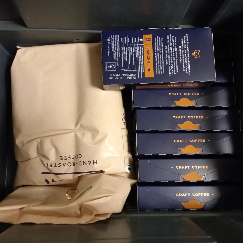 BOX OF APPROX 10 ITEMS TO INCLUDE UNION HAND ROASTED COFFEE, CAFEPODS IN ASSORTED FLAVOURS, SUPLEX MASS GAINER FLAPJACK