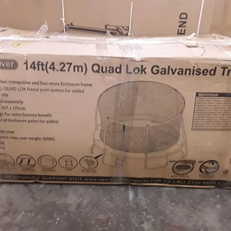 BOXED SPORTSPOWER 14FT TRAMPOLINE WITH EASI-STORE FOLDING ENCLOSURE FLIP PAD AND LADDER (1 BOX) RRP £319.99