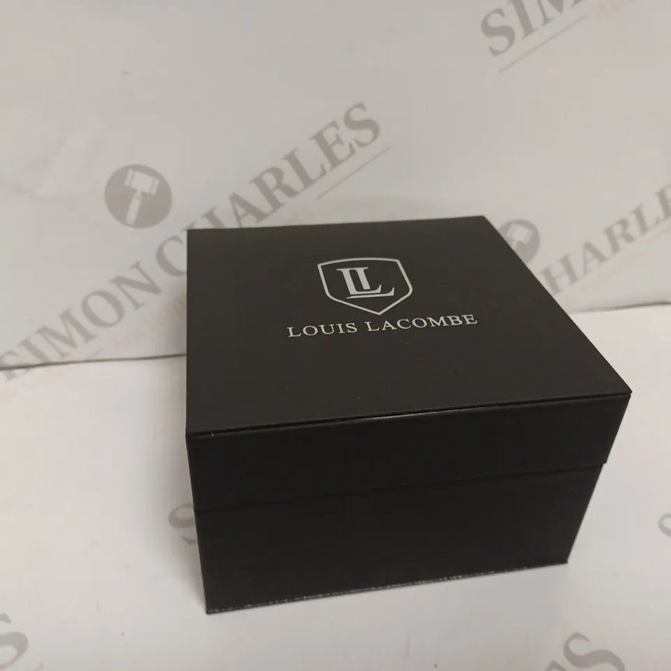 LOUIS LACOMBE MENS CHRONOGRAPH WATCH - SQUARE BLACK DIAL WITH WHITE SUB DIALS - SILVER STAINLESS STEEL CASE - 3ATM WATER RESISTANT - BLUE LEATHER STRAP - DISPLAY BOX