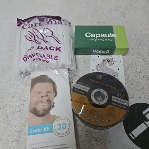 APPROXIMATELY 10 ASSORTED HOUSEHOLD PRODUCTS TO INCLUDE DISPOSABLE KNIFES, NASAL DILATOR, WATER2 CAPSULE ETC