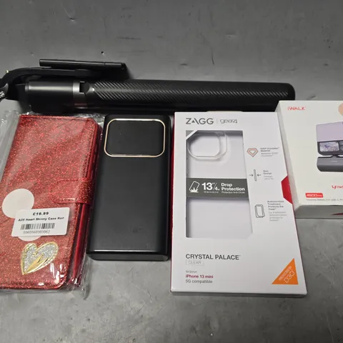 APPROXIMATELY 10 ASSORTED ITEMS TO INCLUDE - POWER BANK , LINKPOD 4 , ZAGG GEAR 4 CLEAR PHONE CASE ETC