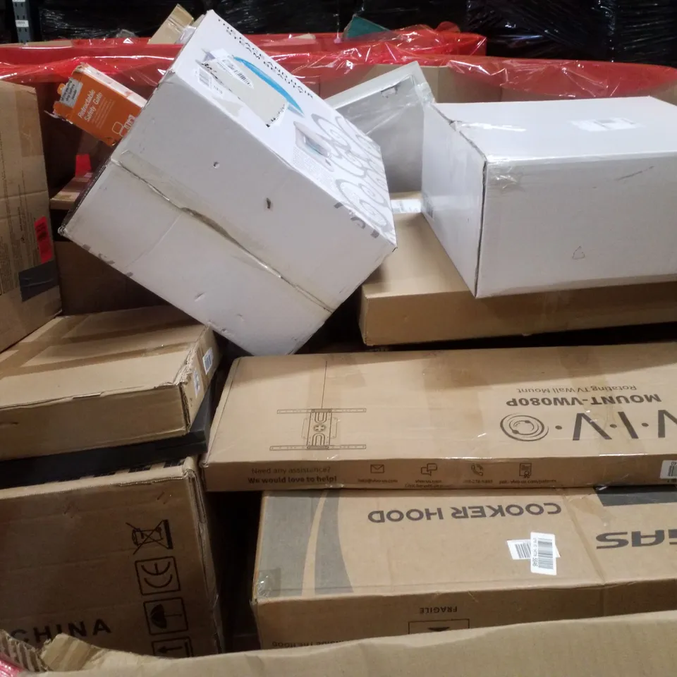 PALLET CONTAINING ASSORTED PRODUCTS INCLUDING TV WALL MONUT, FLOORING CUTTER, PORTABLE CD PLAYER, MAGNETIC BATTLE GAME & GAMING RACING WHEEL