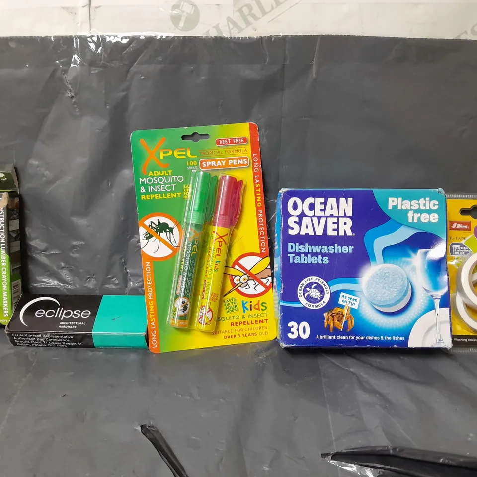 BOX OF APPROXIMATELY 14 ASSORTED ITEMS TO INCLUDE - TL-TAPE, OCEAN SAVER DISHWASHER TABLETS , XPEL ADULT MOSQUITO & INSECT REPELLENT ETC