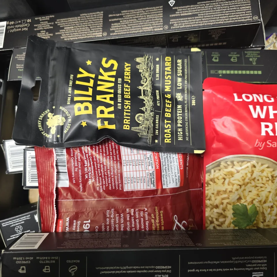 APPROXIMATELY 10 ASSORTED FOOD & DRINK ITEMS TO INCLUDE - CADBURY BISCOFF , ROCKY , BASMATI RICE , BILLY FRANKS BEEF JERKY ETC