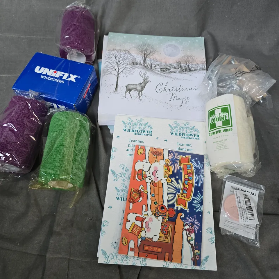 APPROXIMATELY 12 ASSORTED HOUSEHOLD ITEMS TO INCLUDE WILDFLOWER SEEDED PAPER, COHESIVE WRAP, TRACKER, ETC